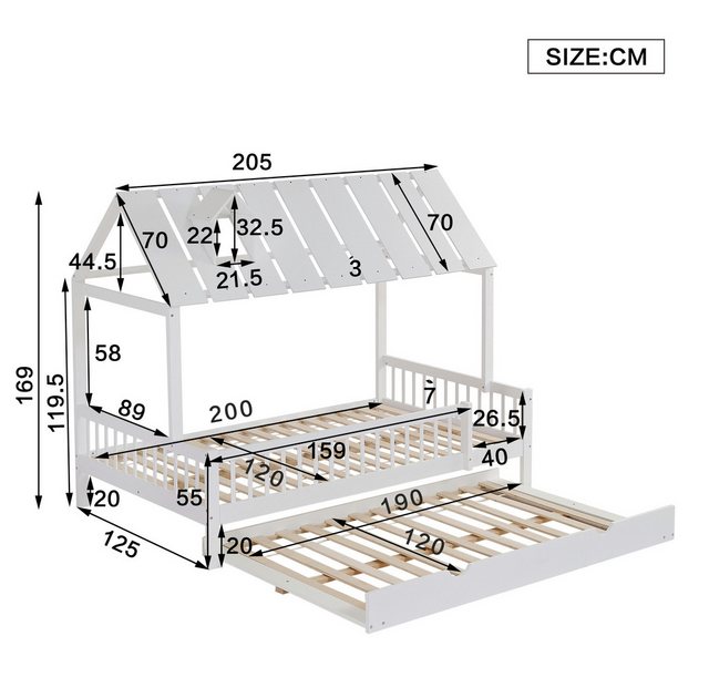 Flieks Kinderbett, Hausbett 120x200cm mit Ausziehbett 120x190cm und Dach mi günstig online kaufen