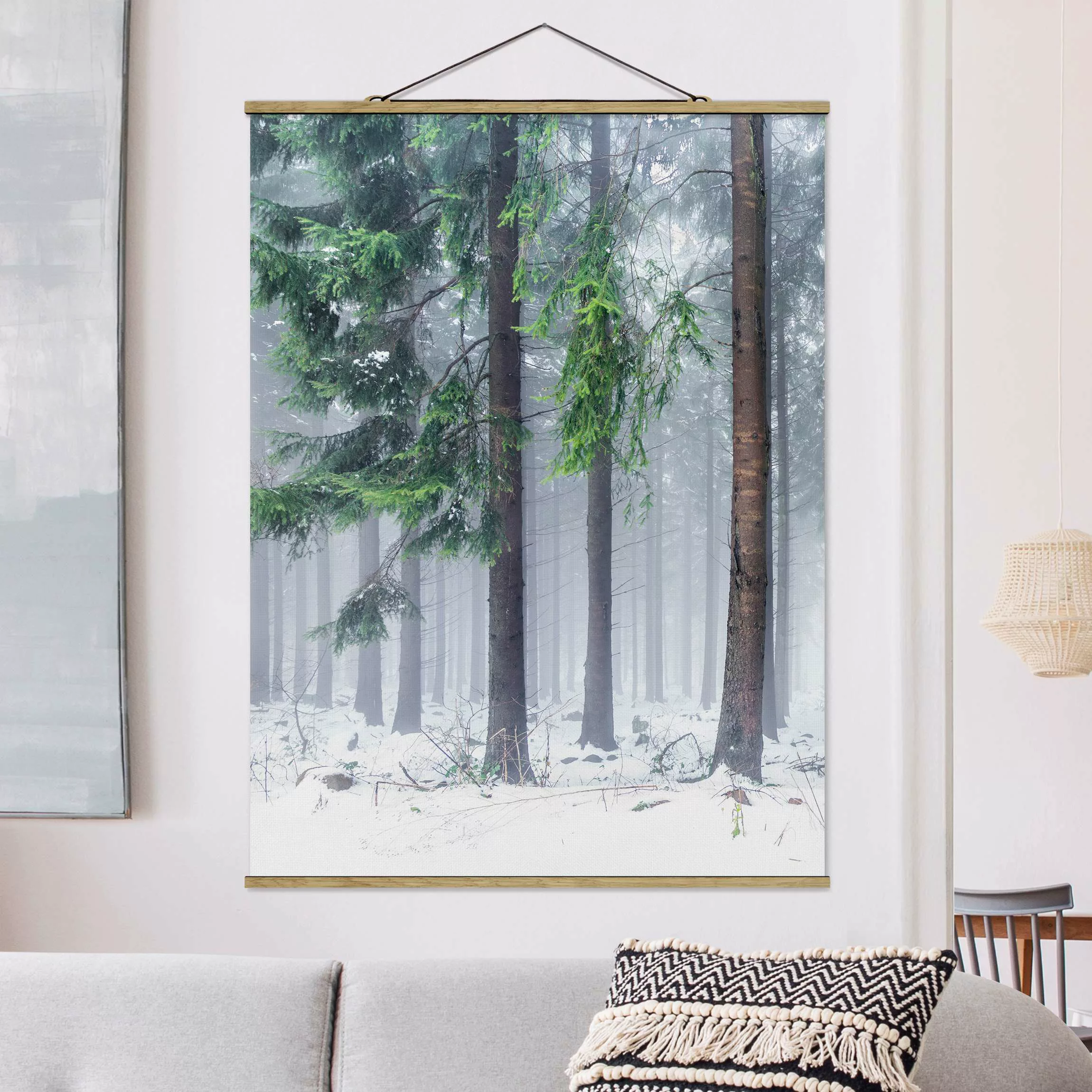 Stoffbild mit Posterleisten Nadelbäume im Winter günstig online kaufen