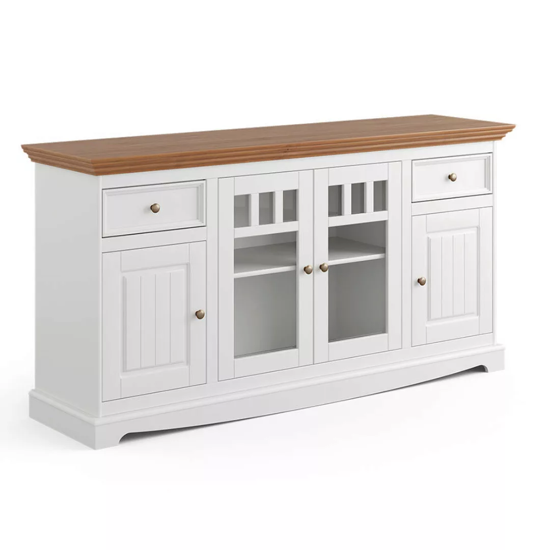 Sideboard 167cm mit Glastüren, Massivholz in weiß mit Eiche Optik BORMIO-16 günstig online kaufen