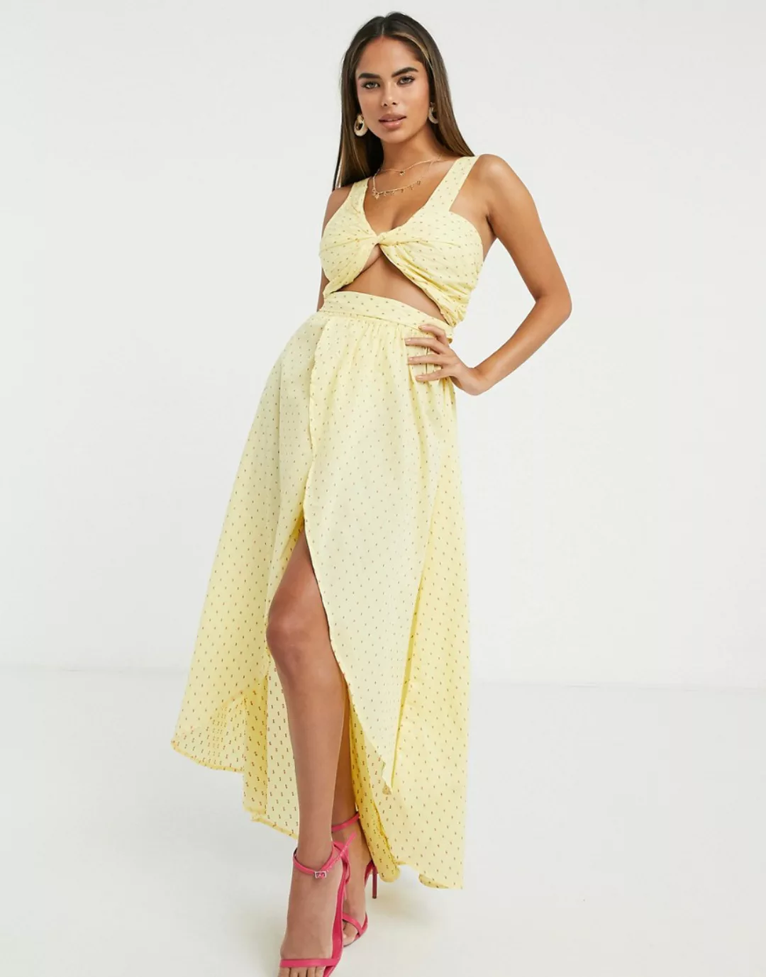 ASOS DESIGN Fuller Bust – Gelbes Maxi-Strandkleid mit verdrehter Vorderseit günstig online kaufen