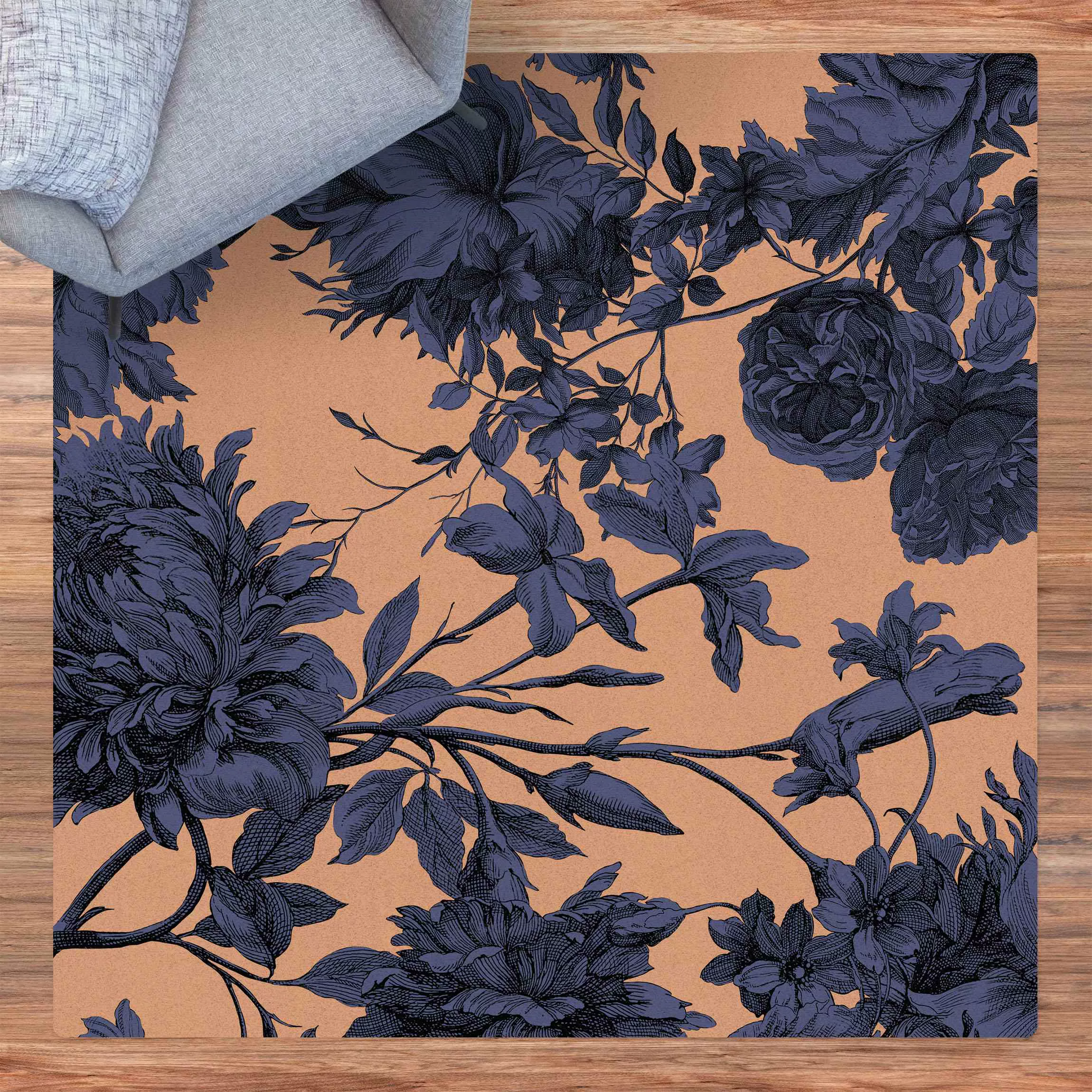 Kork-Teppich Floraler Kupferstich Geflecht Nachtblau günstig online kaufen