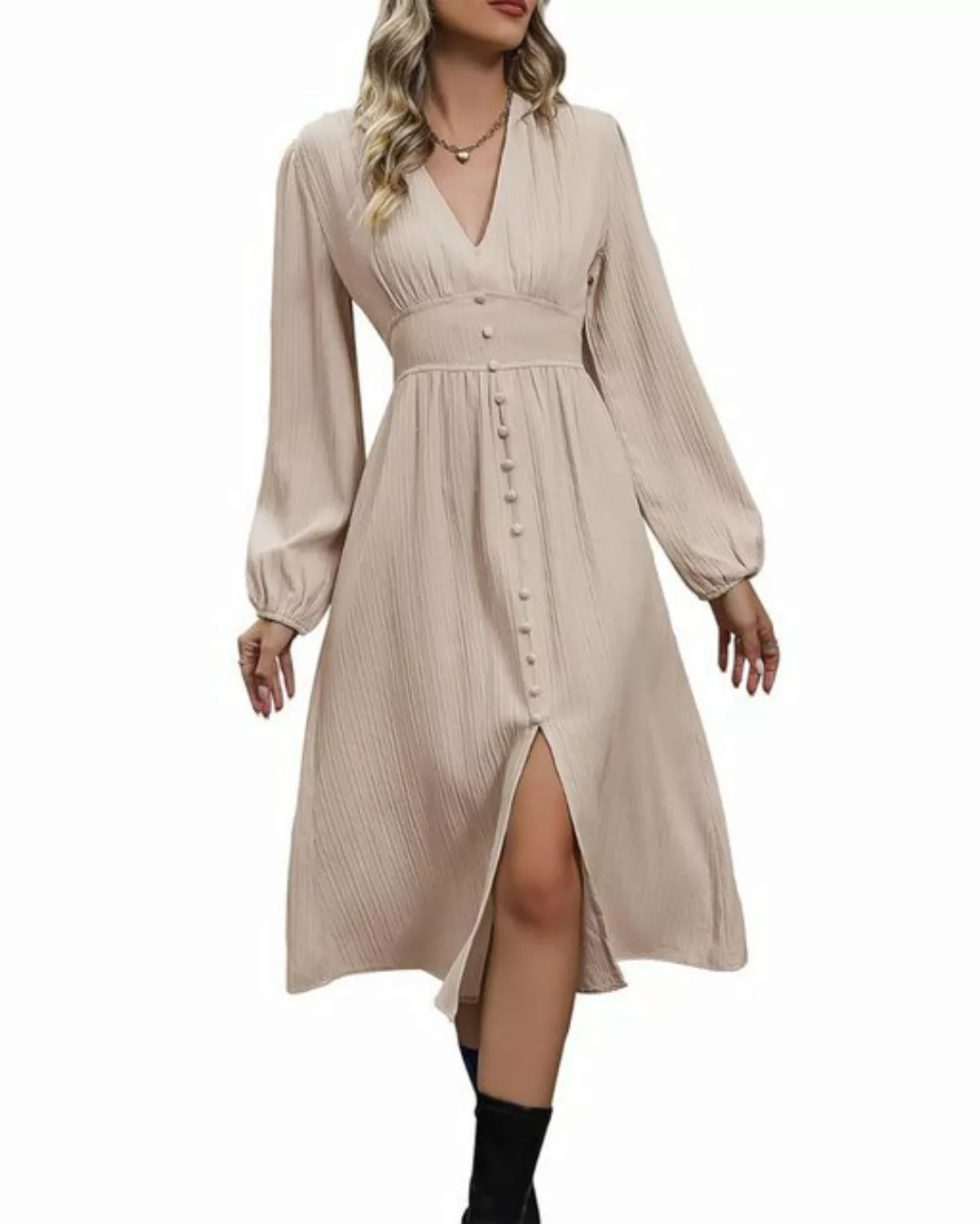 B.X A-Linien-Kleid Damenkleid tiefem V-Ausschnitt Lose geschlitztes Midi je günstig online kaufen