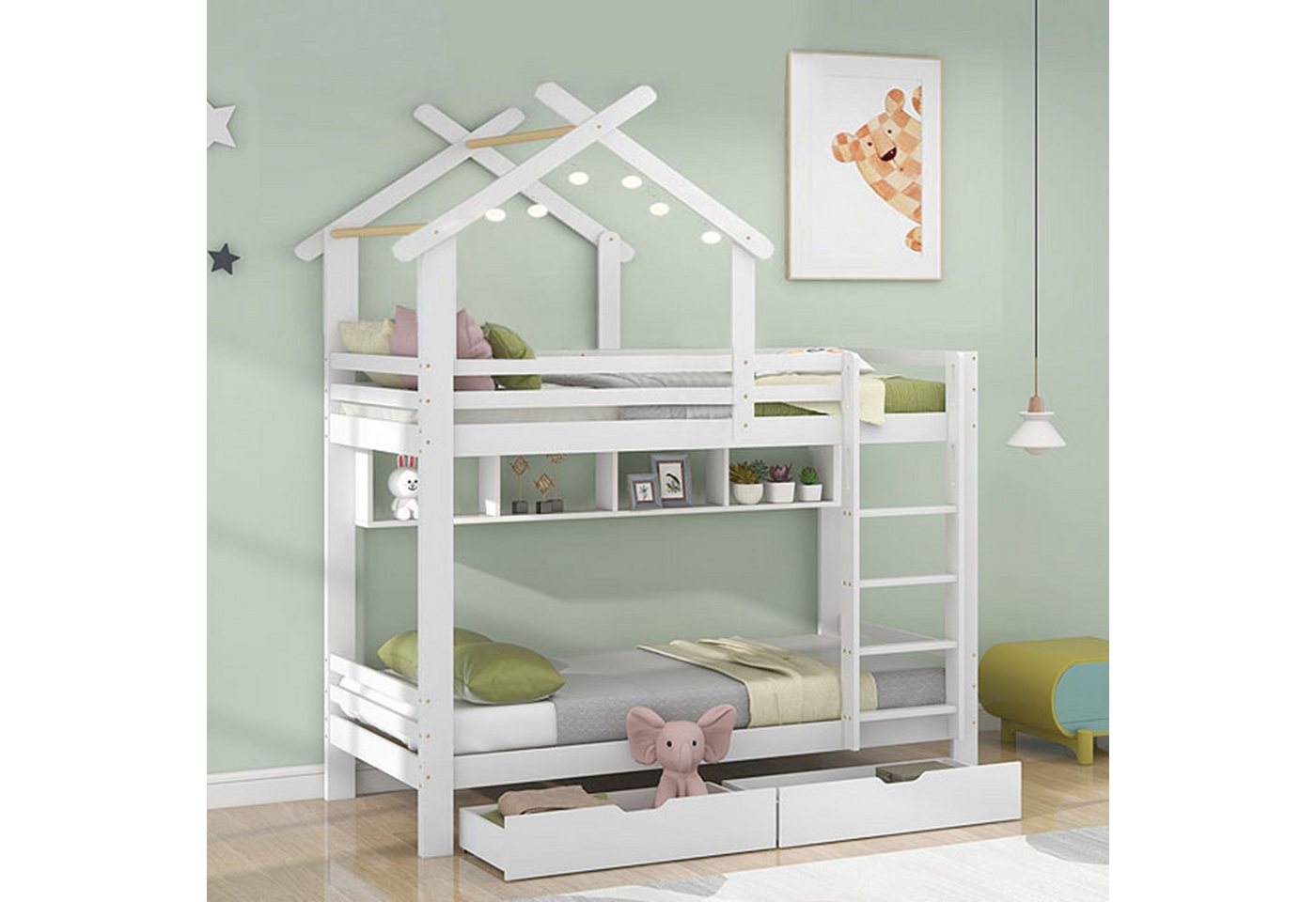 Flieks Etagenbett, Kiefer Hausbett Kinderbett mit Schubladen Regalen 90x200 günstig online kaufen