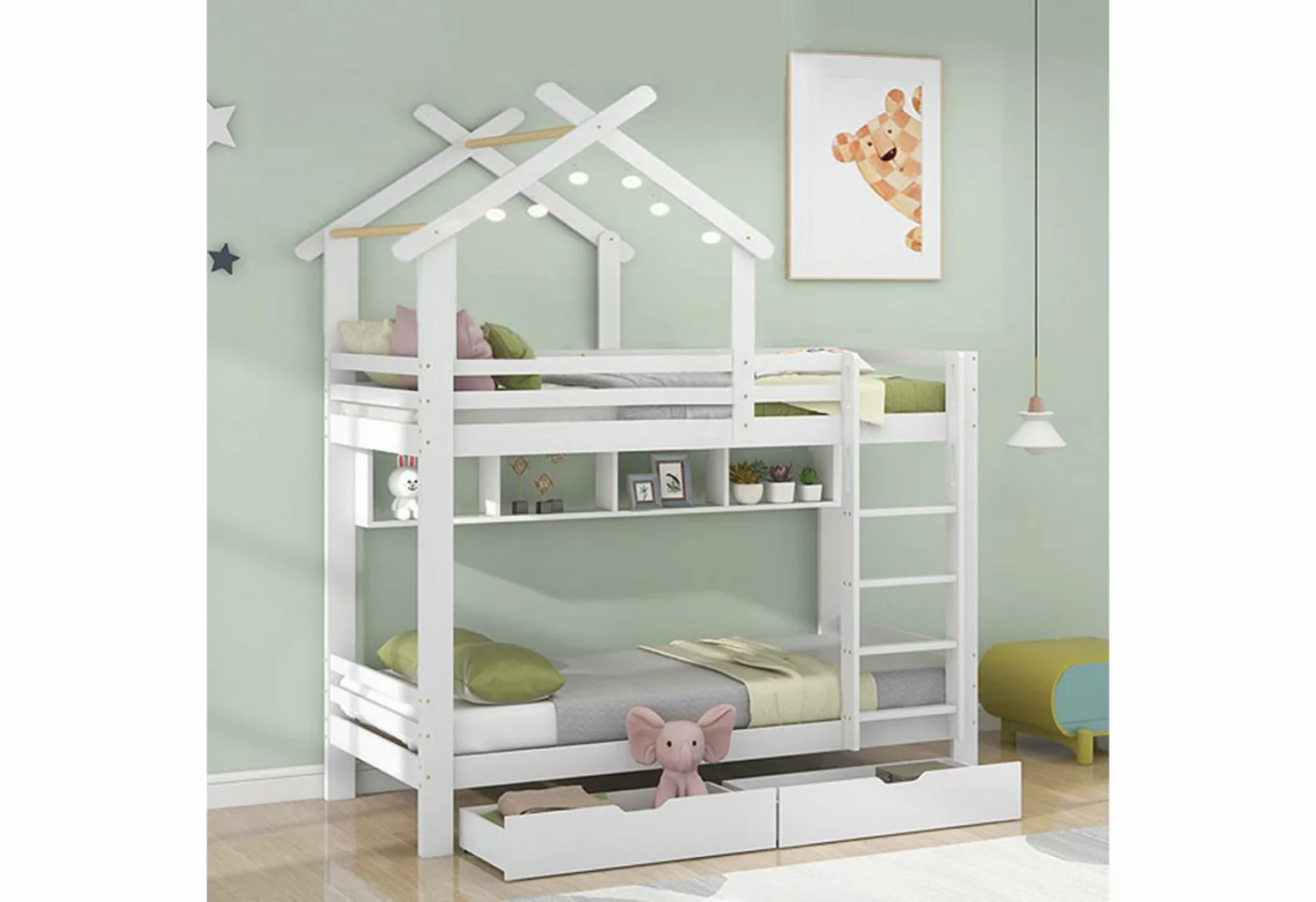 REDOM Etagenbett Hausbett mit dreistufige rechtwinklige Leiter (Kinderbett günstig online kaufen