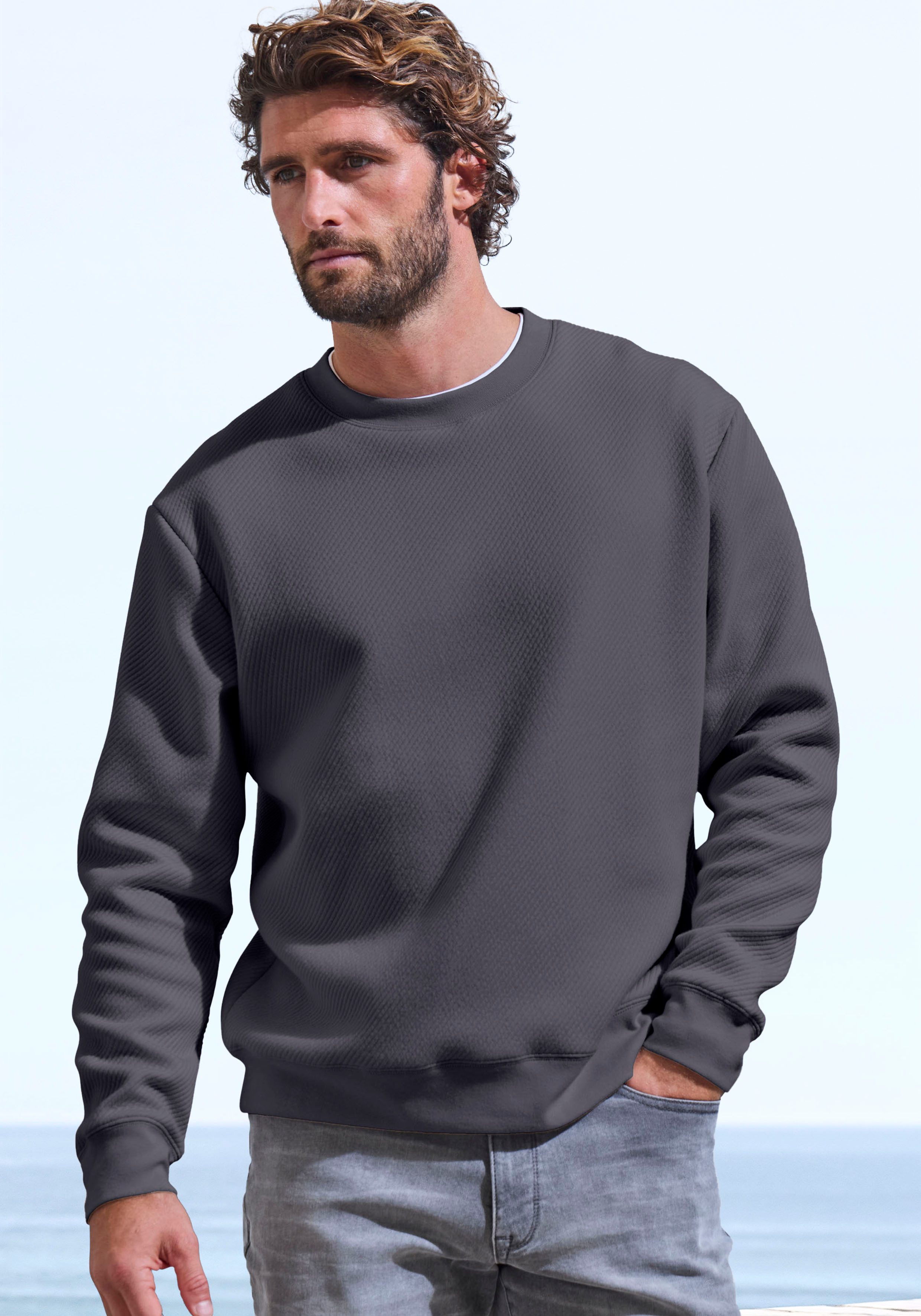 John Devin Sweatshirt, Langarm, Pullover mit Struktur, Rundhals, Baumwollmi günstig online kaufen