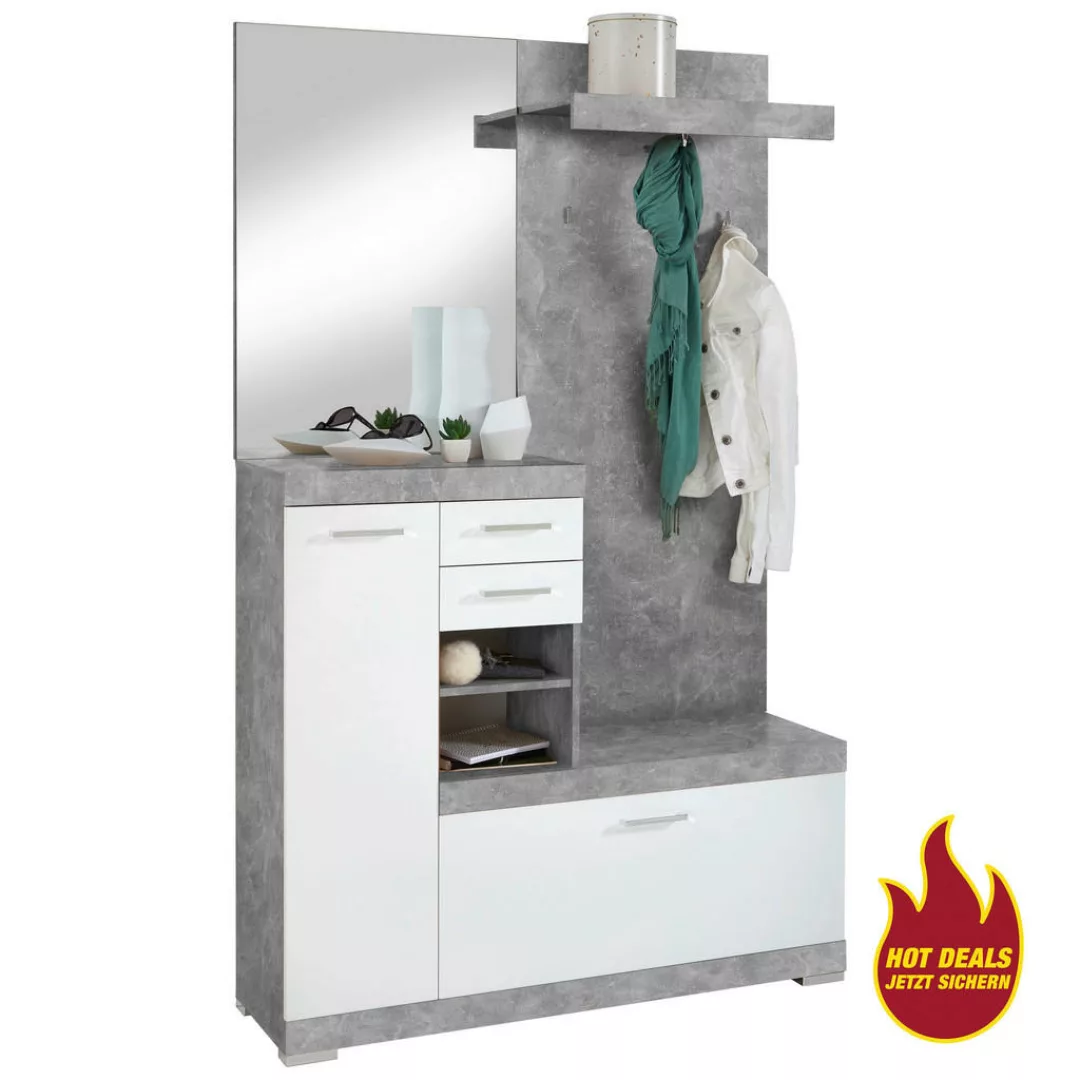 Kompaktgarderobe  Beton Optik weiß glänzend B/H/T: ca. 120x193,5x35,5 cm günstig online kaufen