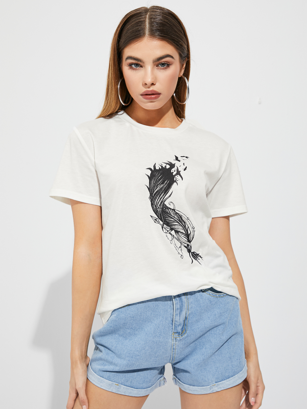 YOINS Feather & Arrow Print Kurzarm-T-Shirt mit Rundhalsausschnitt günstig online kaufen