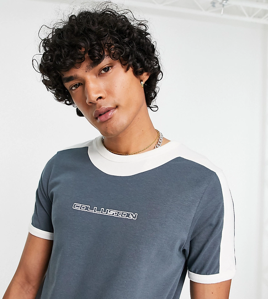 COLLUSION – Schmal geschnittenes Ringer-T-Shirt mit Logo-Grau günstig online kaufen