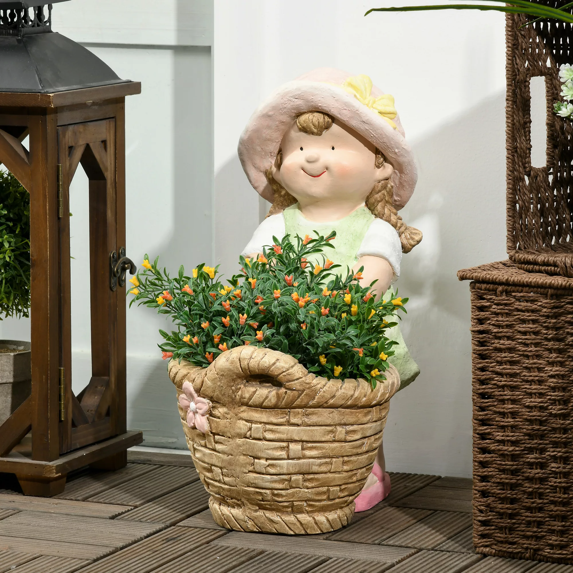 Outsunny Mädchen mit Blumentopf  Wetterbeständige Gartenfigur, Pflanzentopf günstig online kaufen