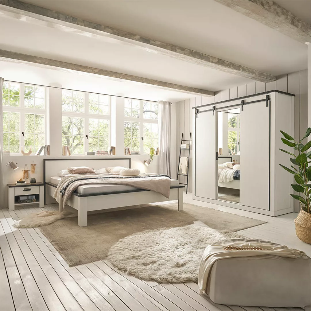 Schlafzimmer Set 4-teilig Bett 180x200cm in Pinie weiß mit anthrazit SHELTO günstig online kaufen
