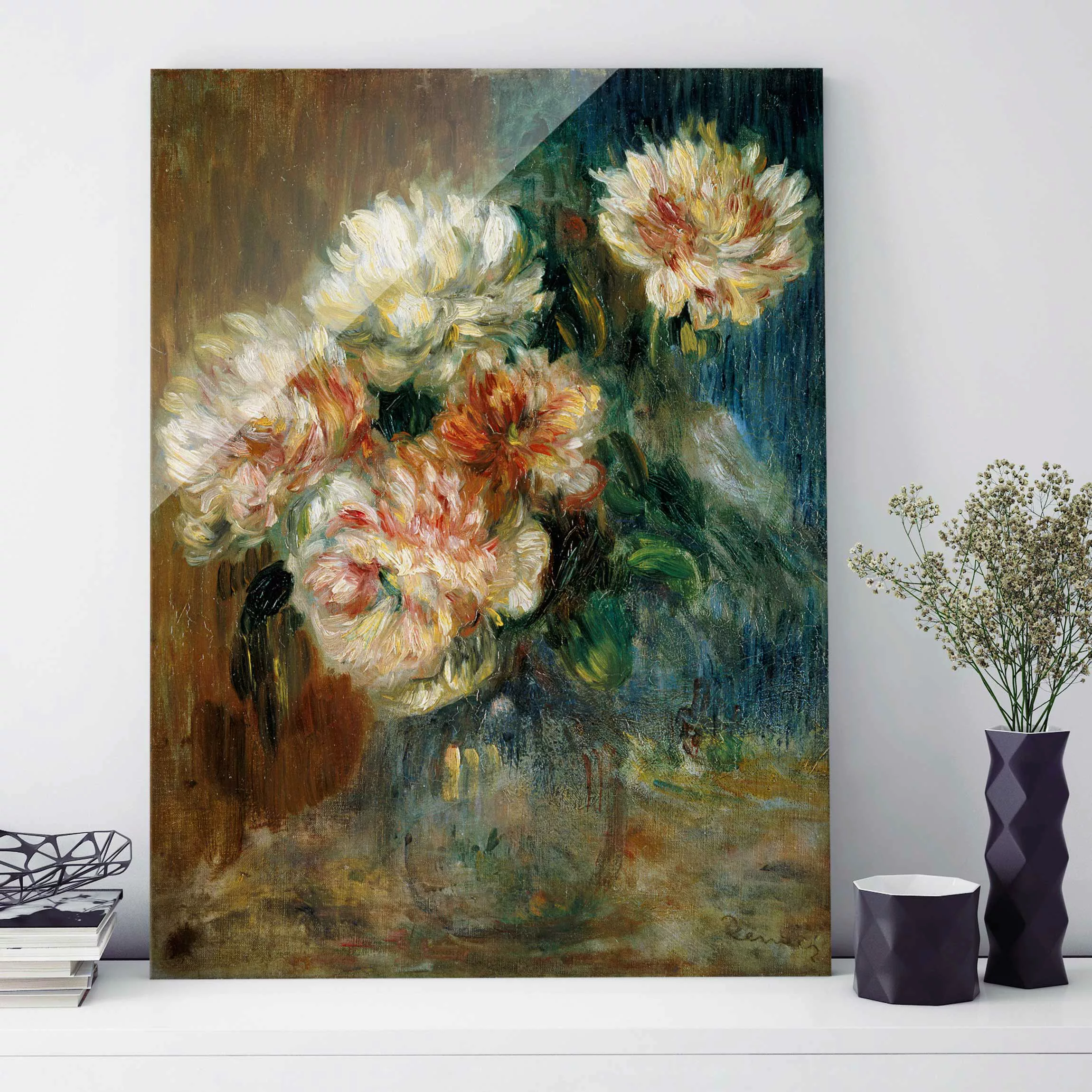 Glasbild Kunstdruck - Hochformat Auguste Renoir - Vase Pfingstrosen günstig online kaufen