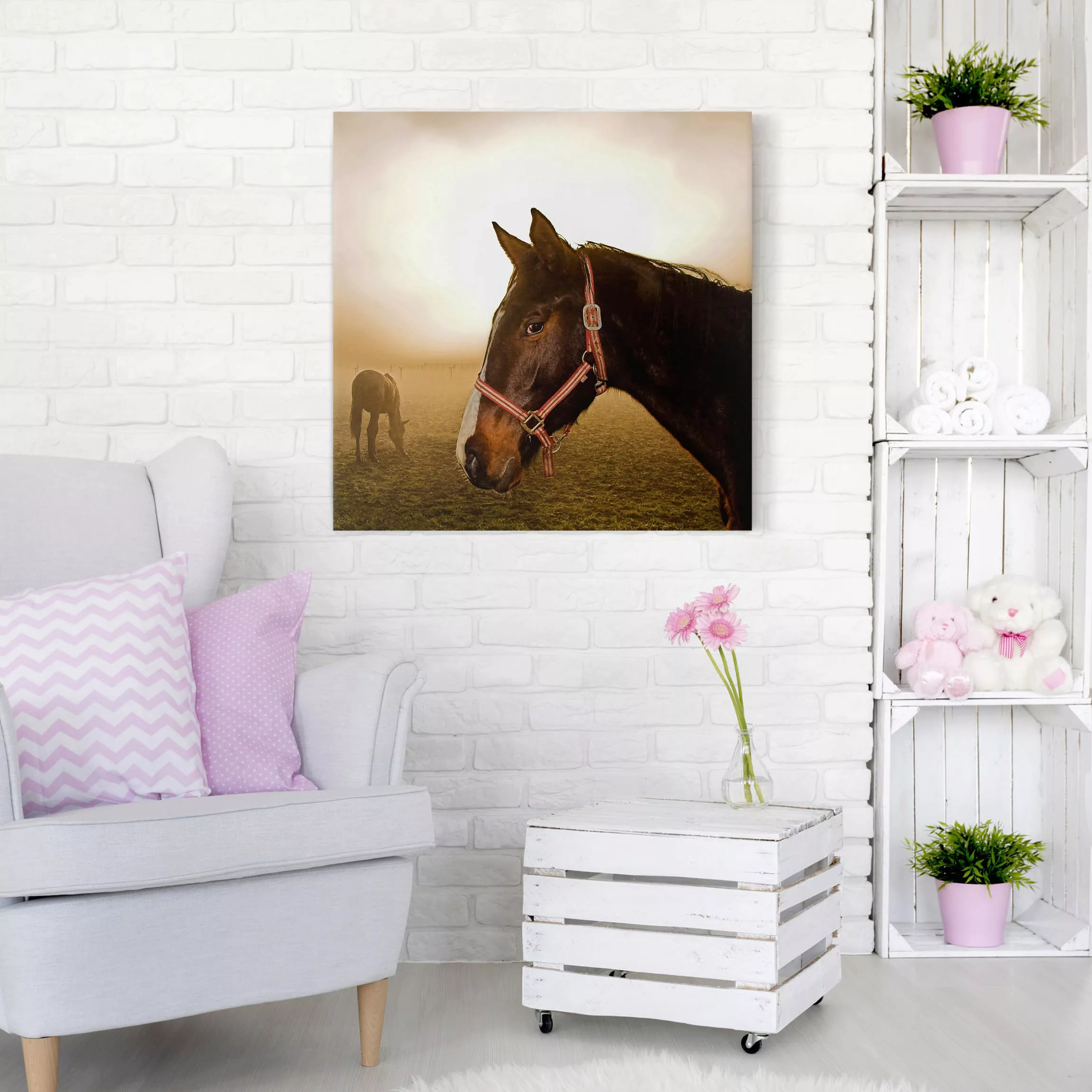 Leinwandbild Tiere - Quadrat Early Horse günstig online kaufen