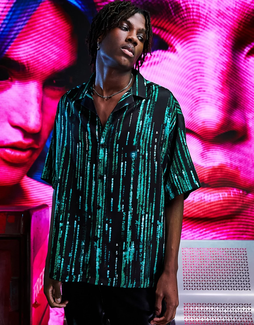 ASOS DESIGN – Matrix – Kastiges Oversize-Hemd aus Satin-Schwarz günstig online kaufen