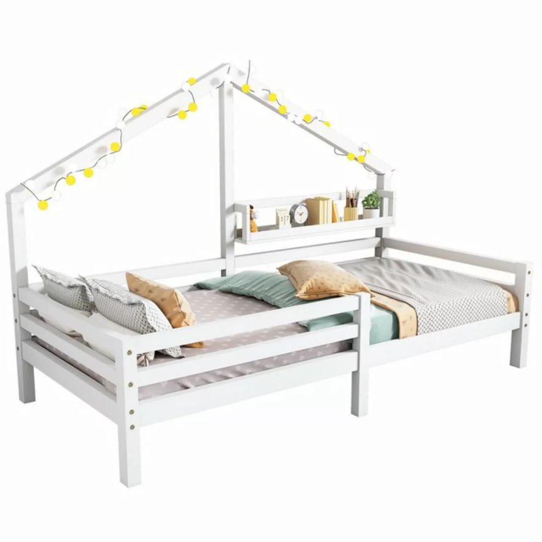 Flieks Kinderbett, Massivholz Einzelbett Hausbett mit Ablageregal 90x200cm günstig online kaufen