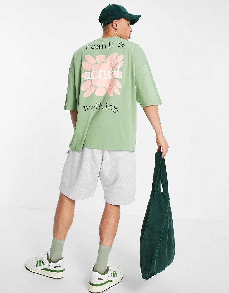 ASOS Actual – Oversized-T-Shirt mit Grafikprint auf dem Rücken in Grün günstig online kaufen