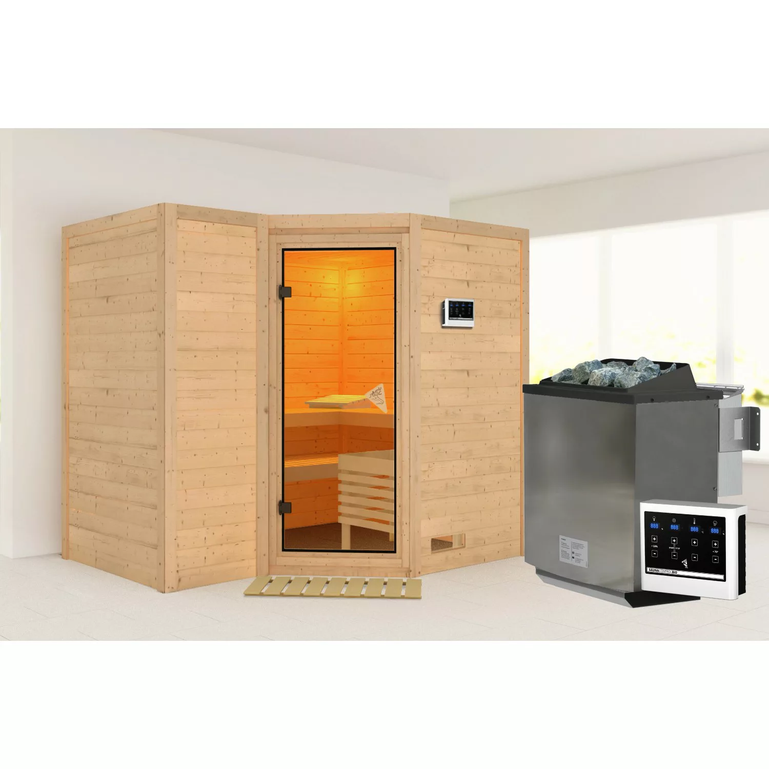 Karibu Sauna Steena 2 Edelstahlmit Bio-Ofen externe Stg.Natur günstig online kaufen