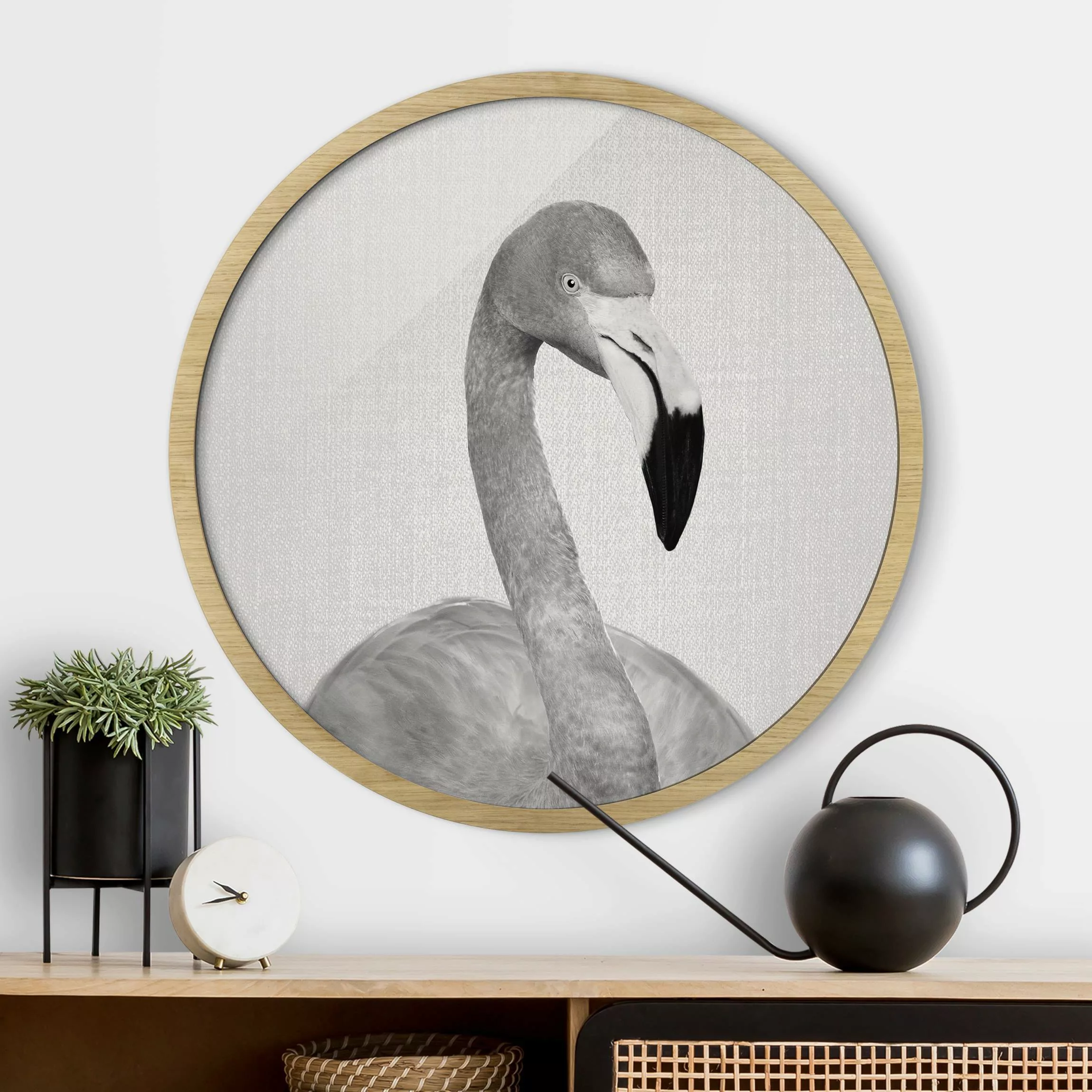 Rundes Gerahmtes Bild Flamingo Fabian Schwarz Weiß günstig online kaufen