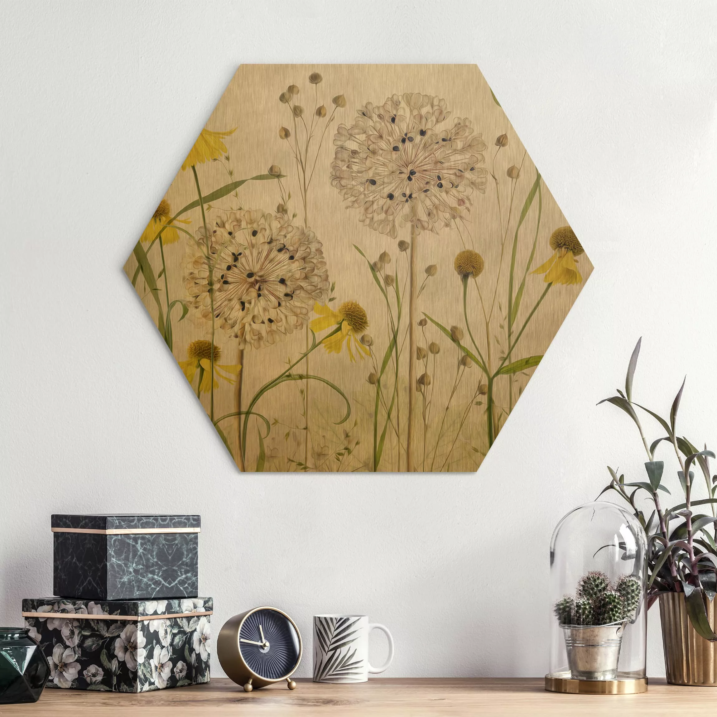 Hexagon-Alu-Dibond Bild Blumen Allium und Helenium Illustration günstig online kaufen