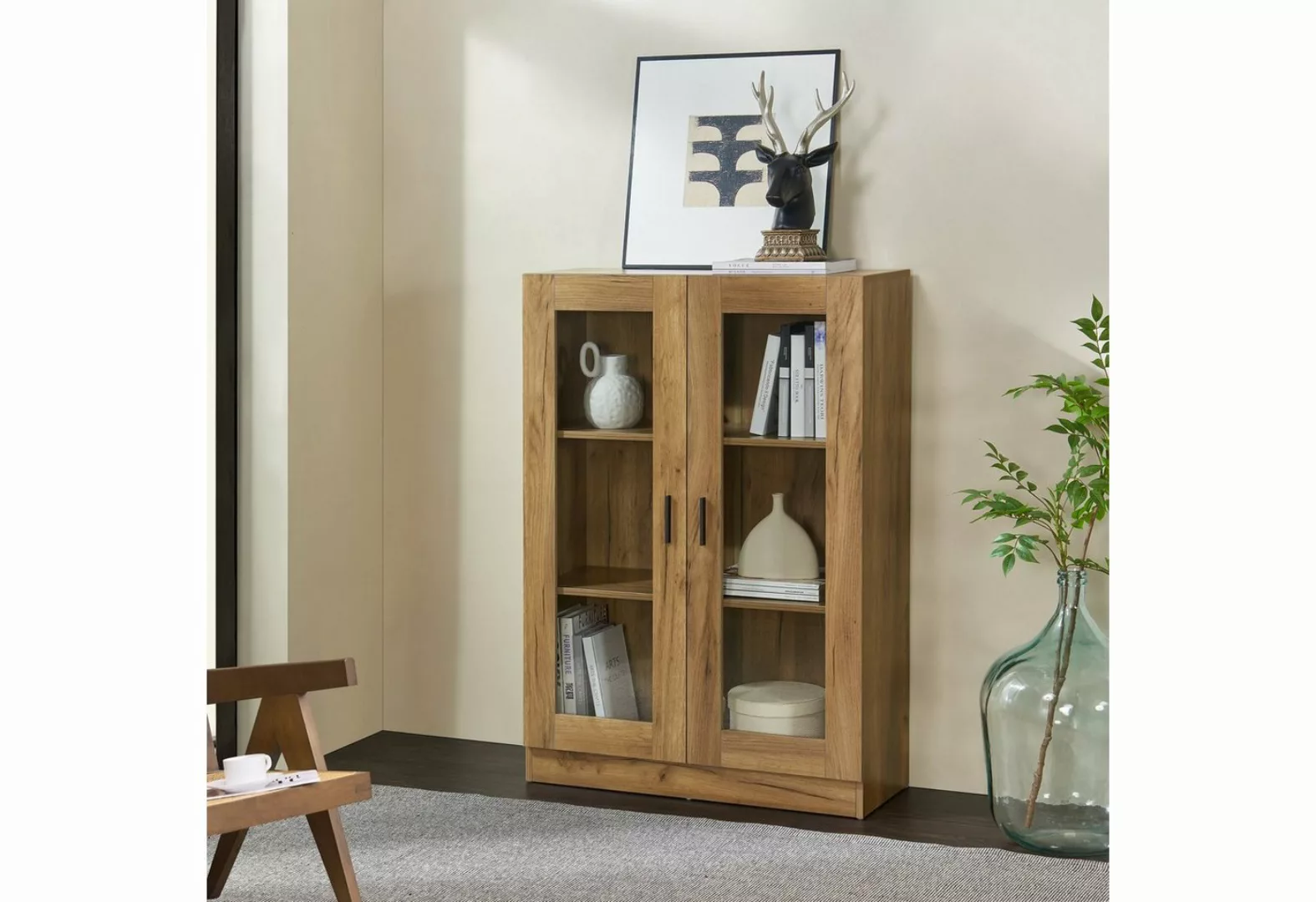 en.casa Vitrine »Sorø« Wohnzimmerschrank 80x31x115cm Eiche günstig online kaufen