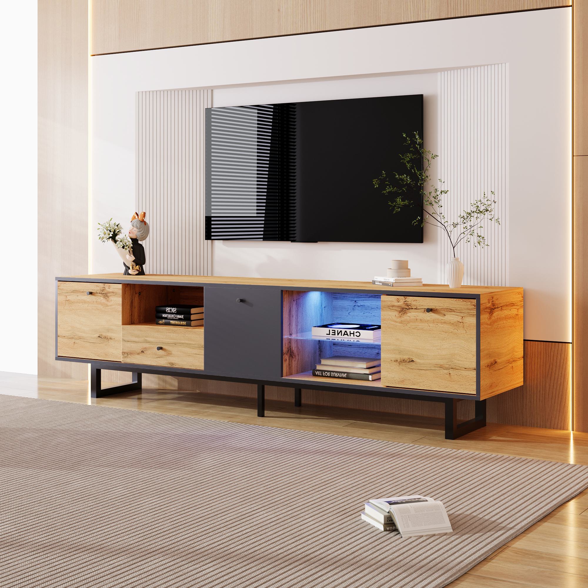 Lowboard TV-Schrank mit LED-Beleuchtung, Glastrennwänden und Pufferscharnie günstig online kaufen