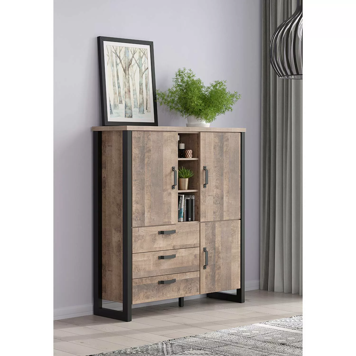 Highboard EMMEN-19 in Eiche Tabak Nb. mit schwarz, B/H/T: ca. 138/155/45 cm günstig online kaufen