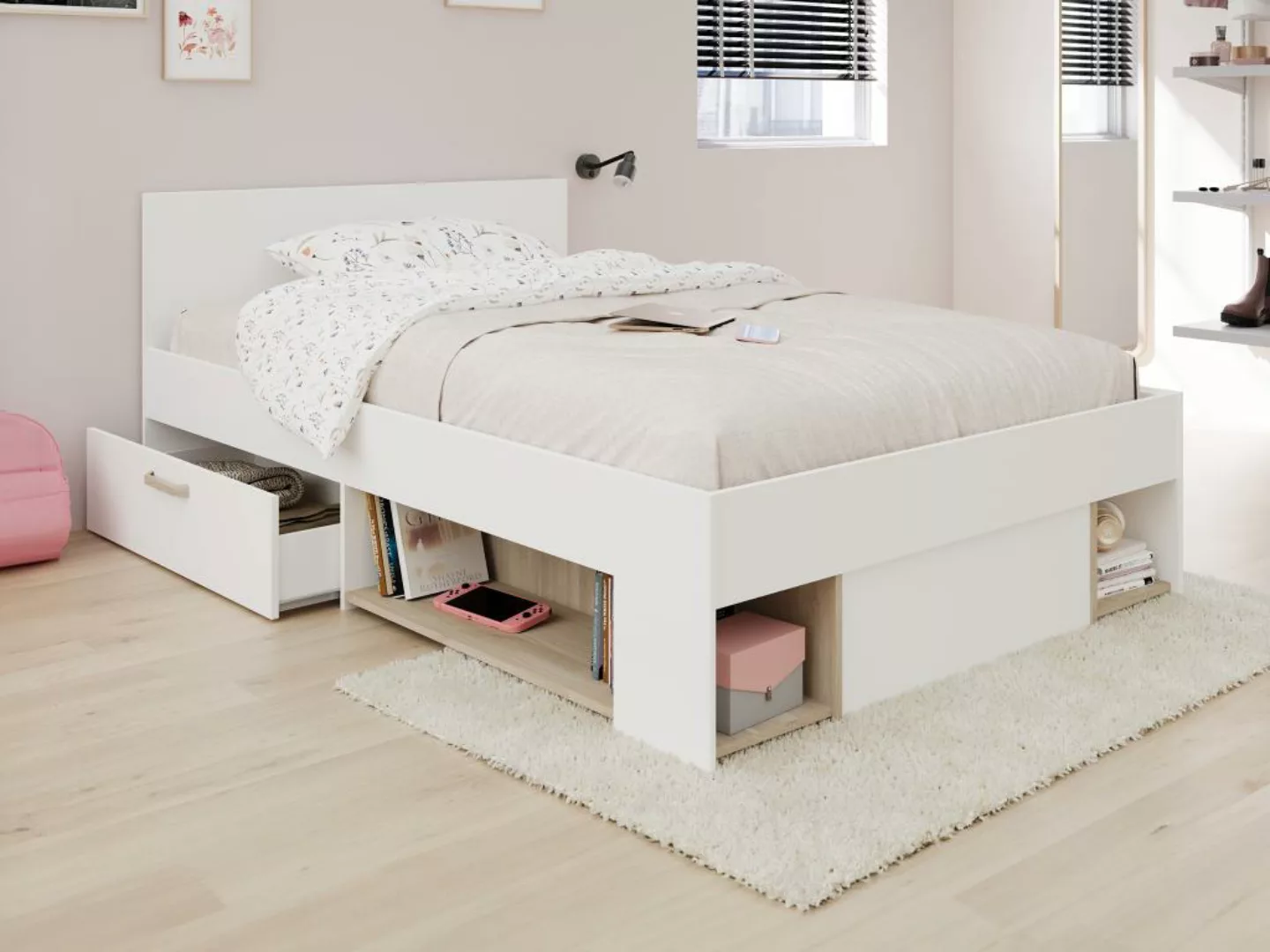 Bett mit Stauraum + Lattenrost + Matratze - 120 x 190 cm - Weiß & Holzfarbe günstig online kaufen