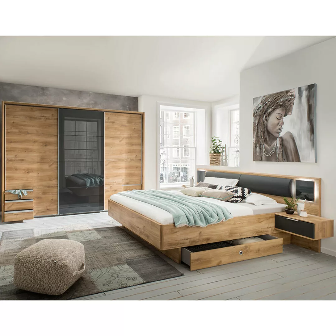 Schlafzimmer Set 4-teilig VIESTE-43 mit Bett 180x200 in graphit mit Eiche günstig online kaufen