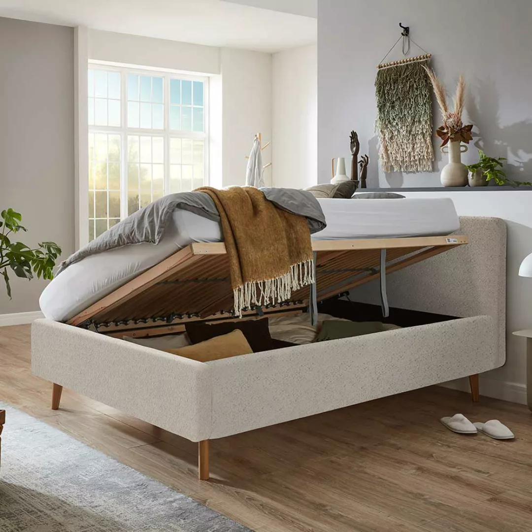 Stoffbett mit Lattenrost in Beige und Eiche inklusive Bettkasten günstig online kaufen