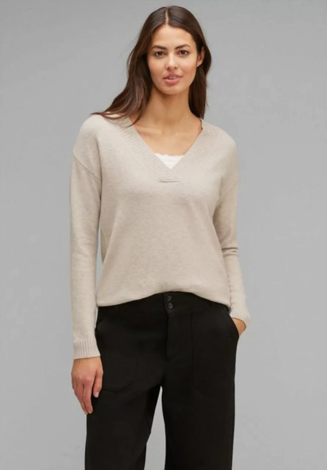 STREET ONE V-Ausschnitt-Pullover mit Rippstrickdetails günstig online kaufen