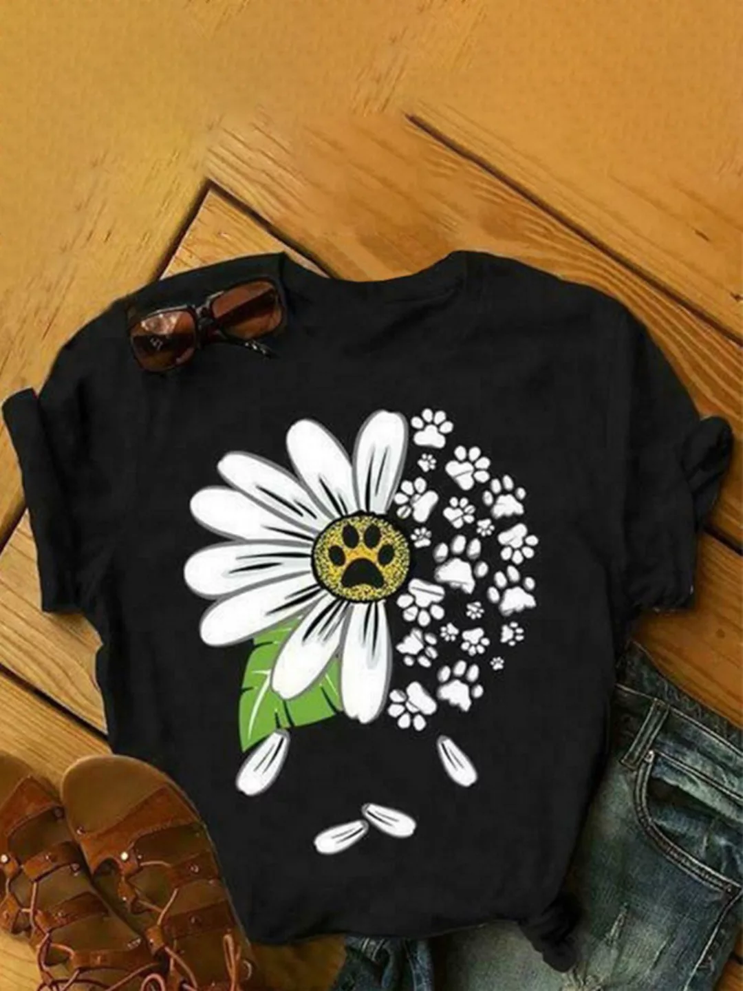 Daisy Floral Printed Kurzarm T-Shirt mit O-Ausschnitt günstig online kaufen