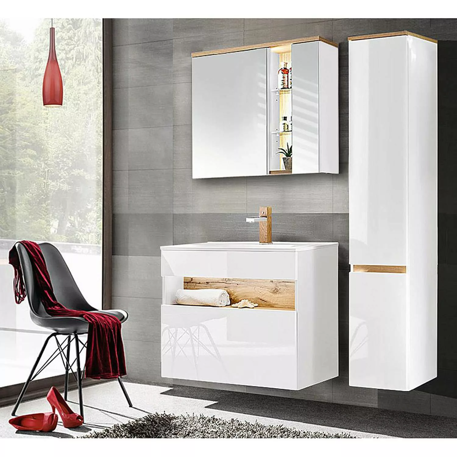 Badmöbel Set mit Keramik-Waschtisch inkl LED BERMUDA-56 in Weiß-Hochglanz m günstig online kaufen