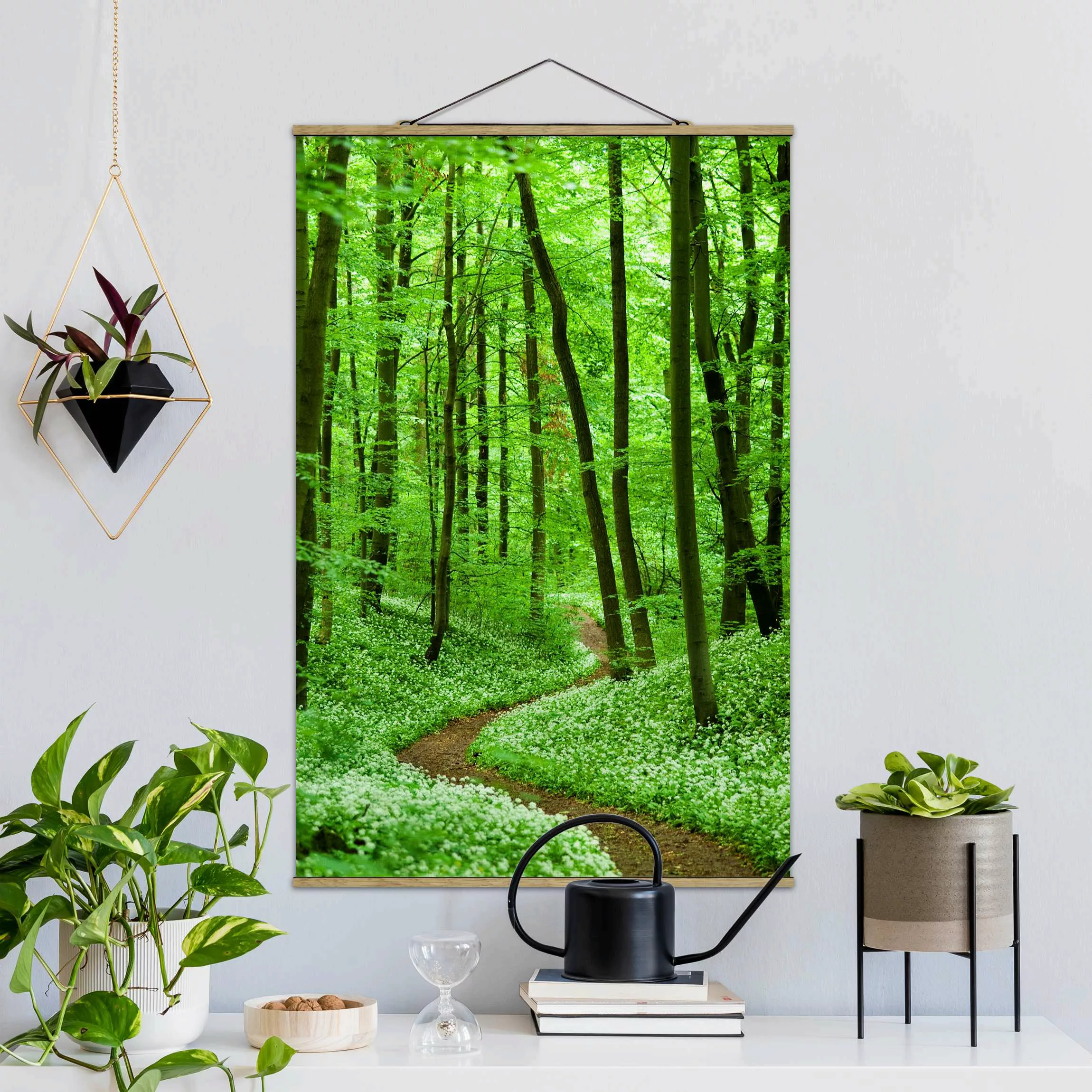 Stoffbild Wald mit Posterleisten - Hochformat Romantischer Waldweg günstig online kaufen