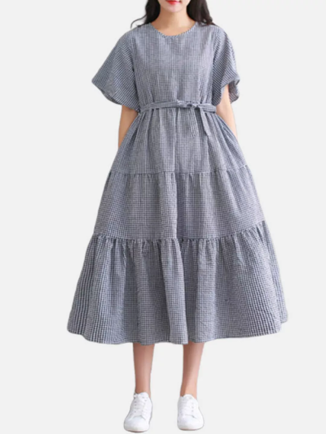 Karierter Rundhalsausschnitt Kurzarm Plus Größe Kleid mit Gürtel günstig online kaufen