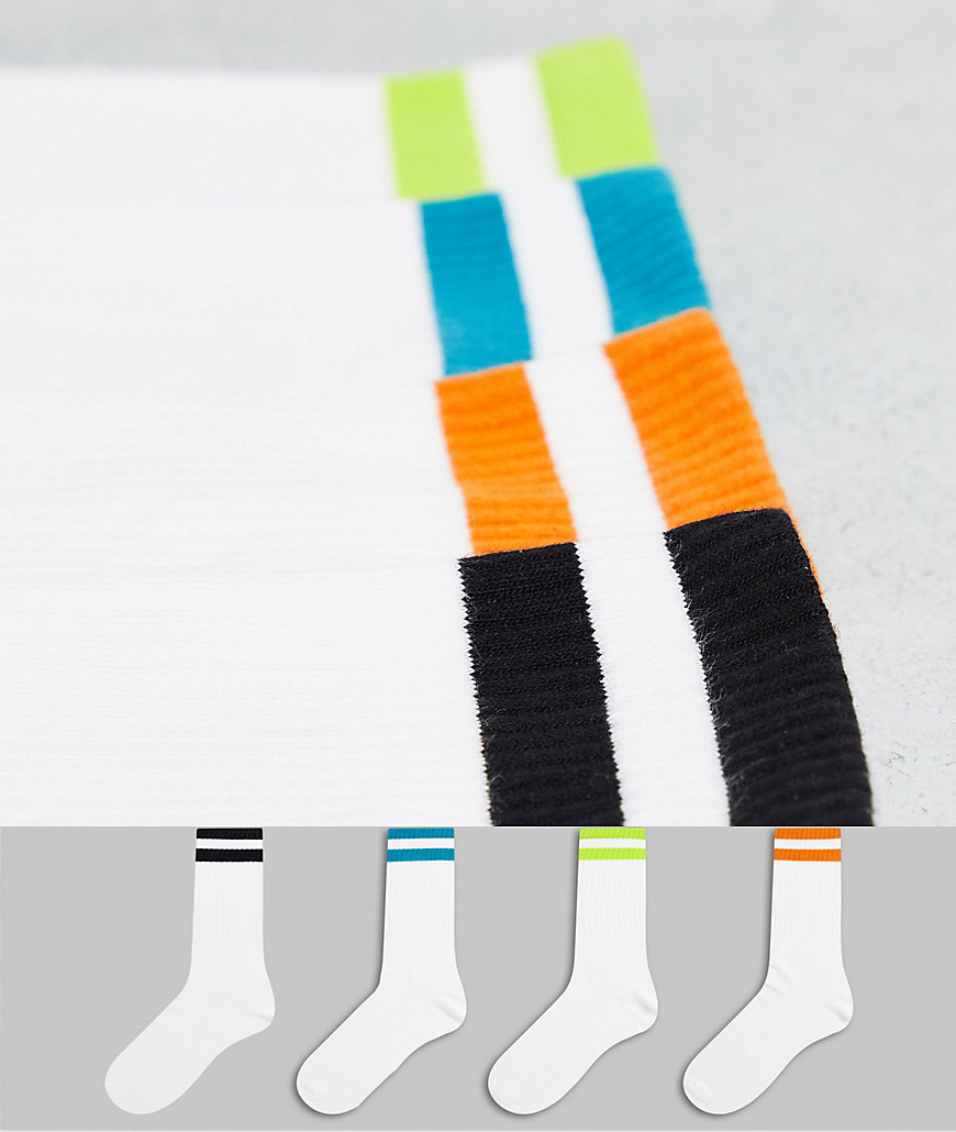 Bershka – 4er-Pack Socken in Weiß mit sportlichen, bunten Streifen günstig online kaufen