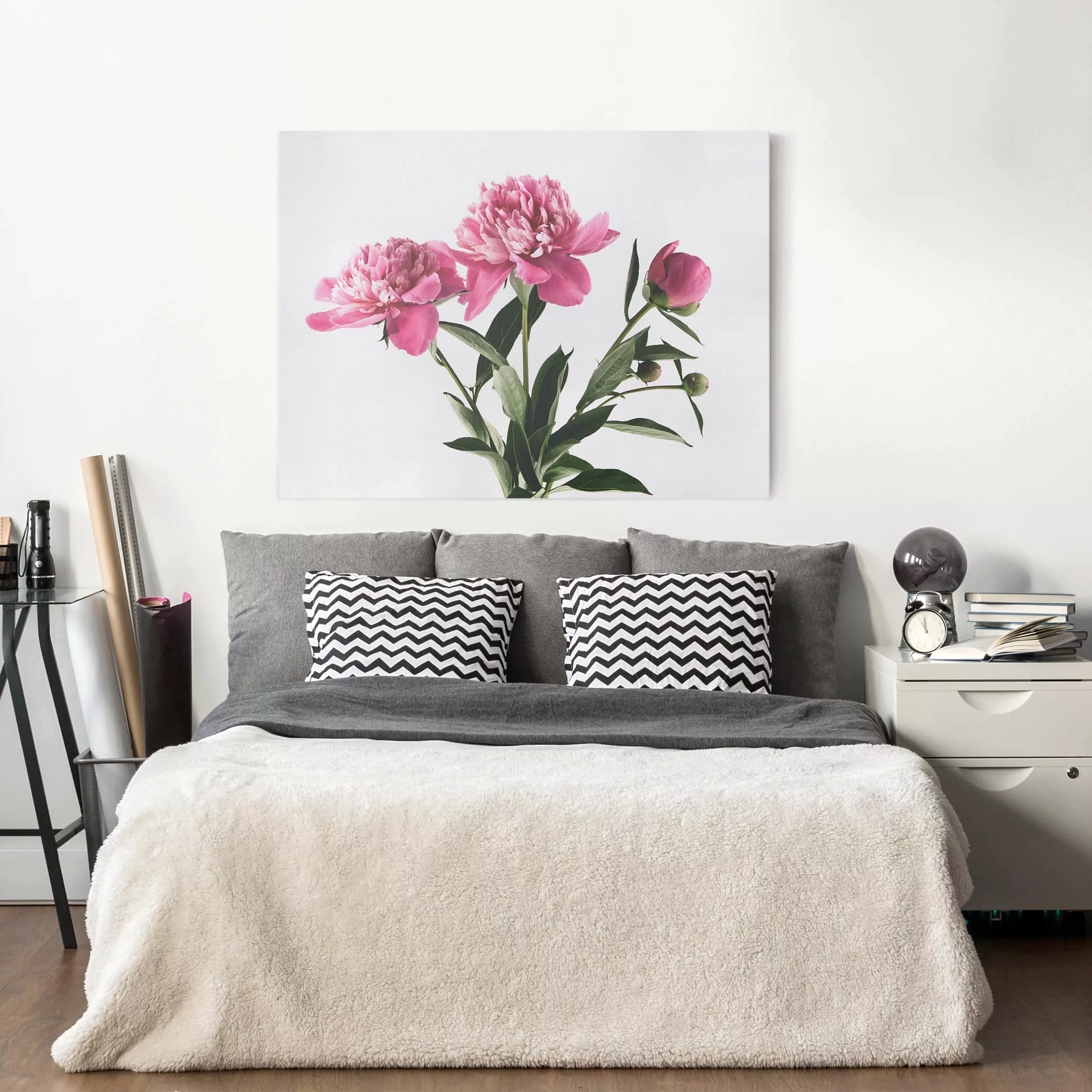 Leinwandbild Blumen - Querformat Blüten und Knospen Pink auf Weiß günstig online kaufen