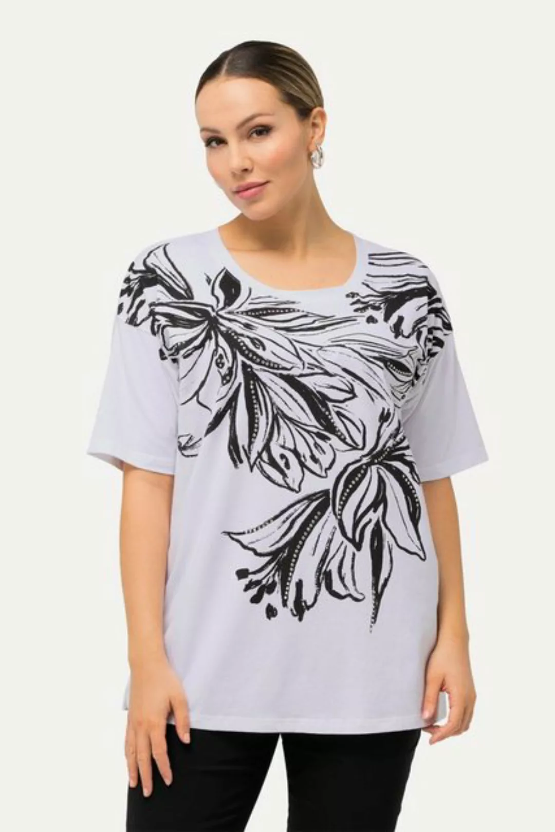 Ulla Popken Rundhalsshirt T-Shirt Blütenmotiv Rundhals Halbarm günstig online kaufen