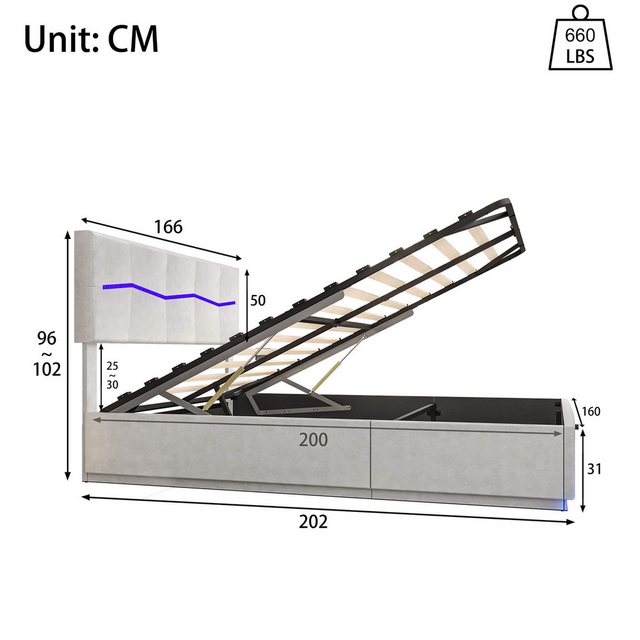 Furnishings Home Polsterbett PU hydraulisches Doppelbett mit Stauraum + LED günstig online kaufen