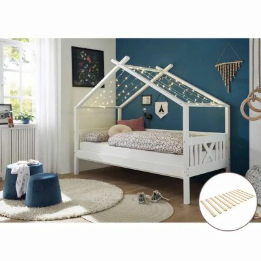 Lomadox Hausbett Kinderbett Funktionsbett 90x200cm LUANA-78 aus Kiefer mass günstig online kaufen