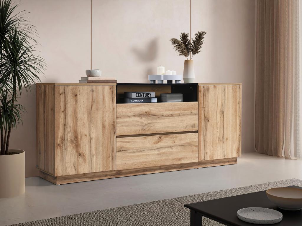 Sideboard mit 2 Türen, 2 Schubladen & 1 Ablagefach - Holzfarben & Schwarz - günstig online kaufen