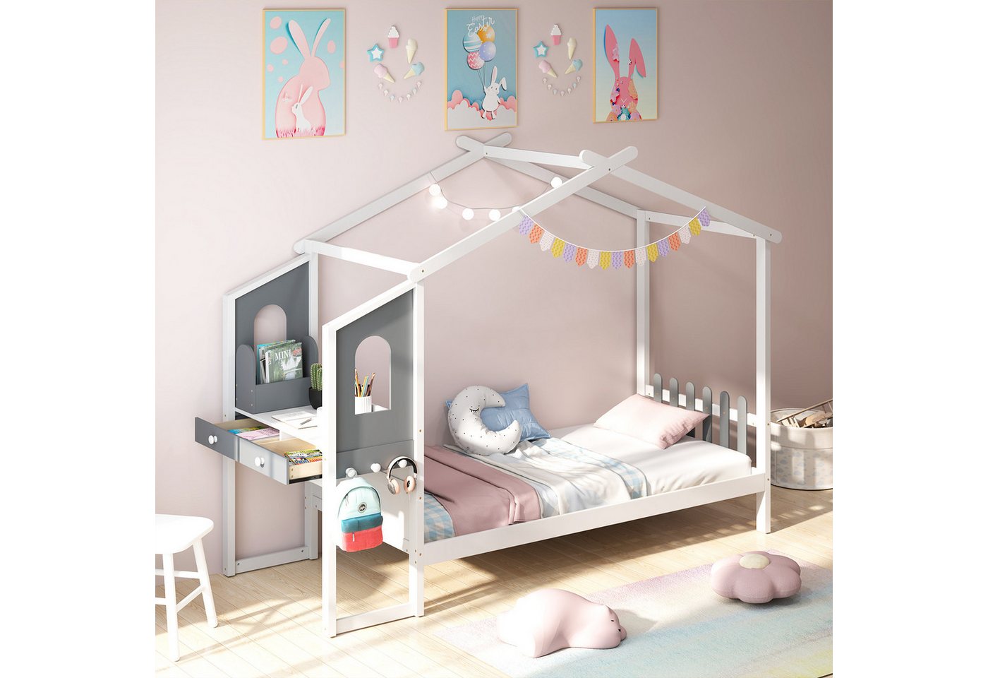 COSTWAY Kinderbett, Hausbett, mit Lattenrost & Schreibtisch, 90x200cm günstig online kaufen