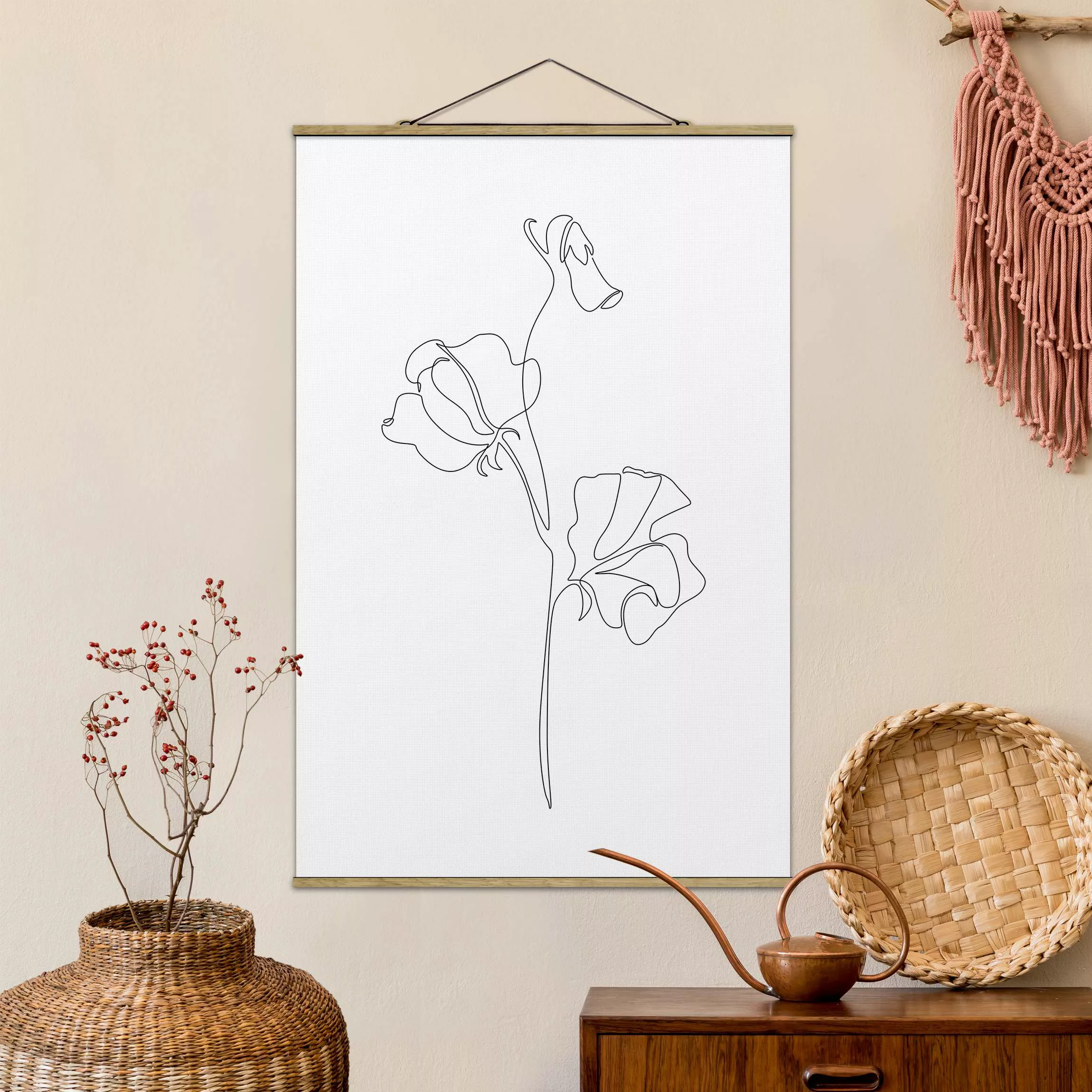 Stoffbild mit Posterleisten Line Art Blumen - Erbsenpflanze günstig online kaufen