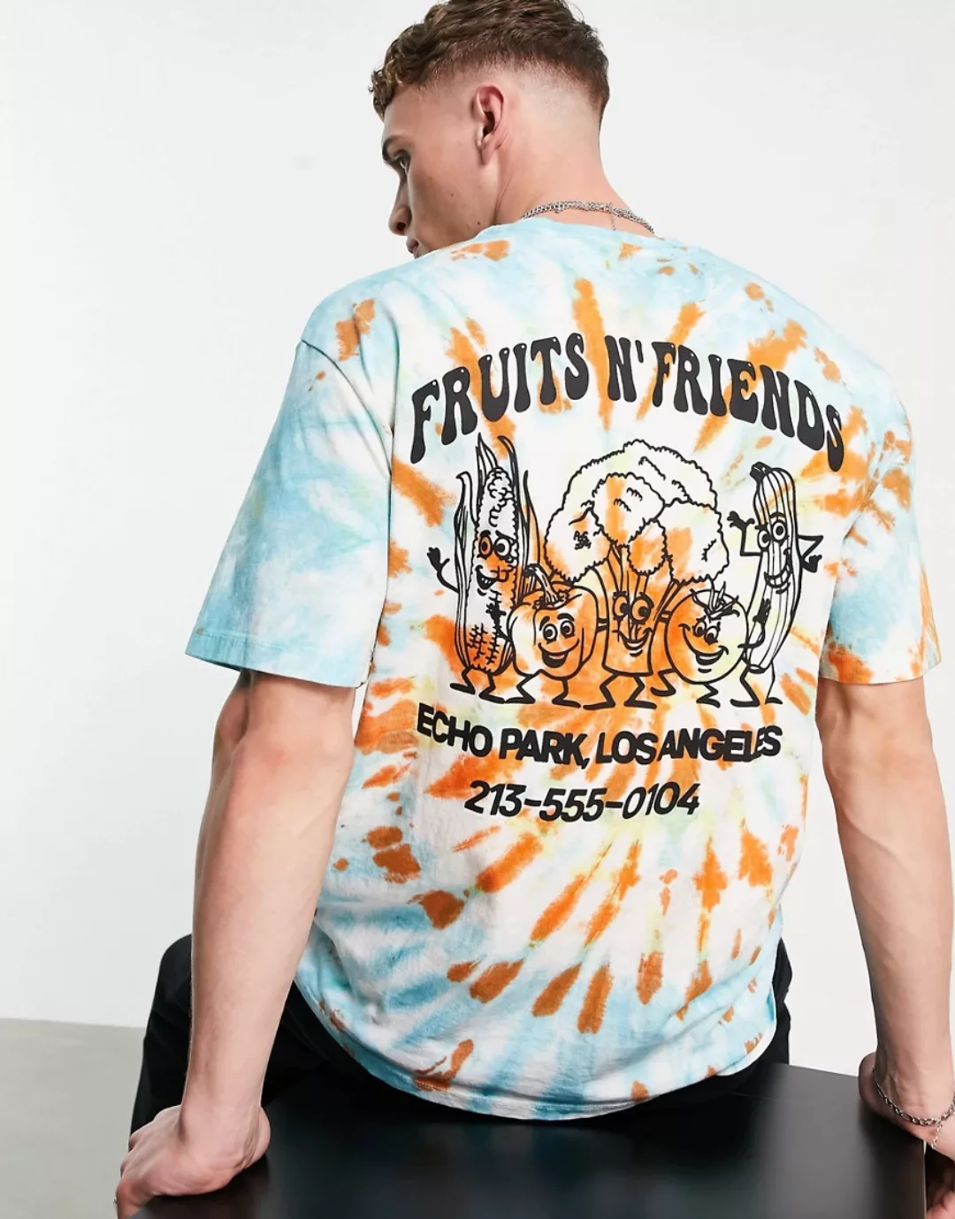 Topman – Buntes Oversize-T-Shirt mit Batikmuster und „Fruits n' Friends“-Pr günstig online kaufen