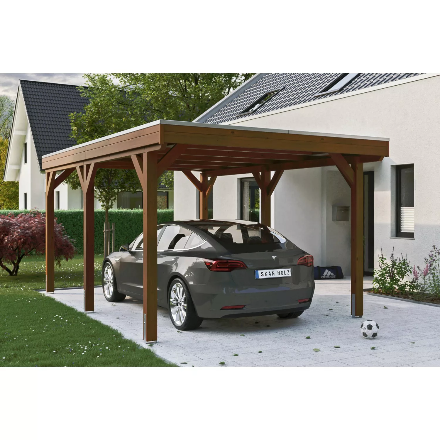 Skan Holz Carport Grunewald 321 cm x 554 cm mit EPDM-Dach Nussbaum günstig online kaufen