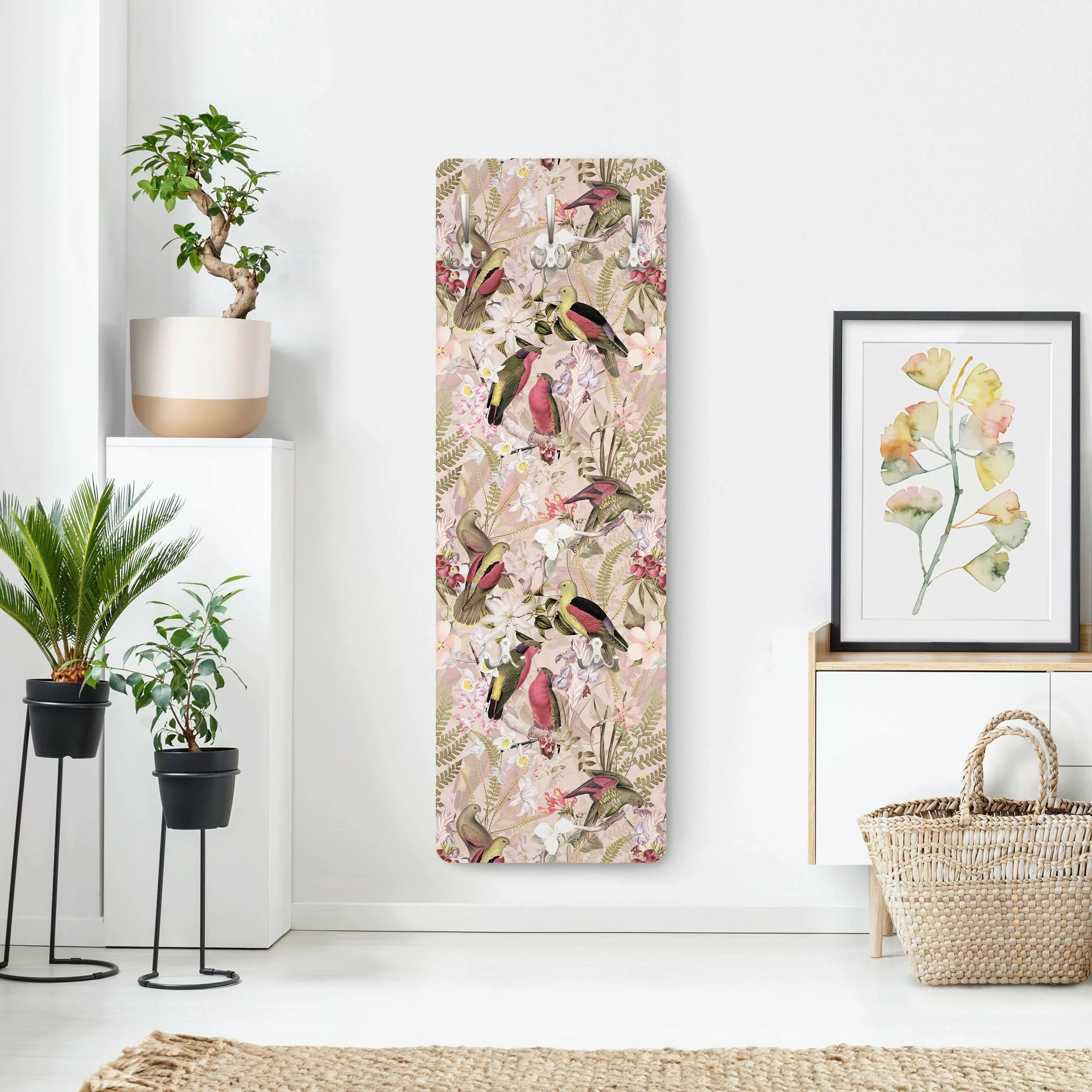 Wandgarderobe Rosa Pastell Vögel mit Blumen günstig online kaufen