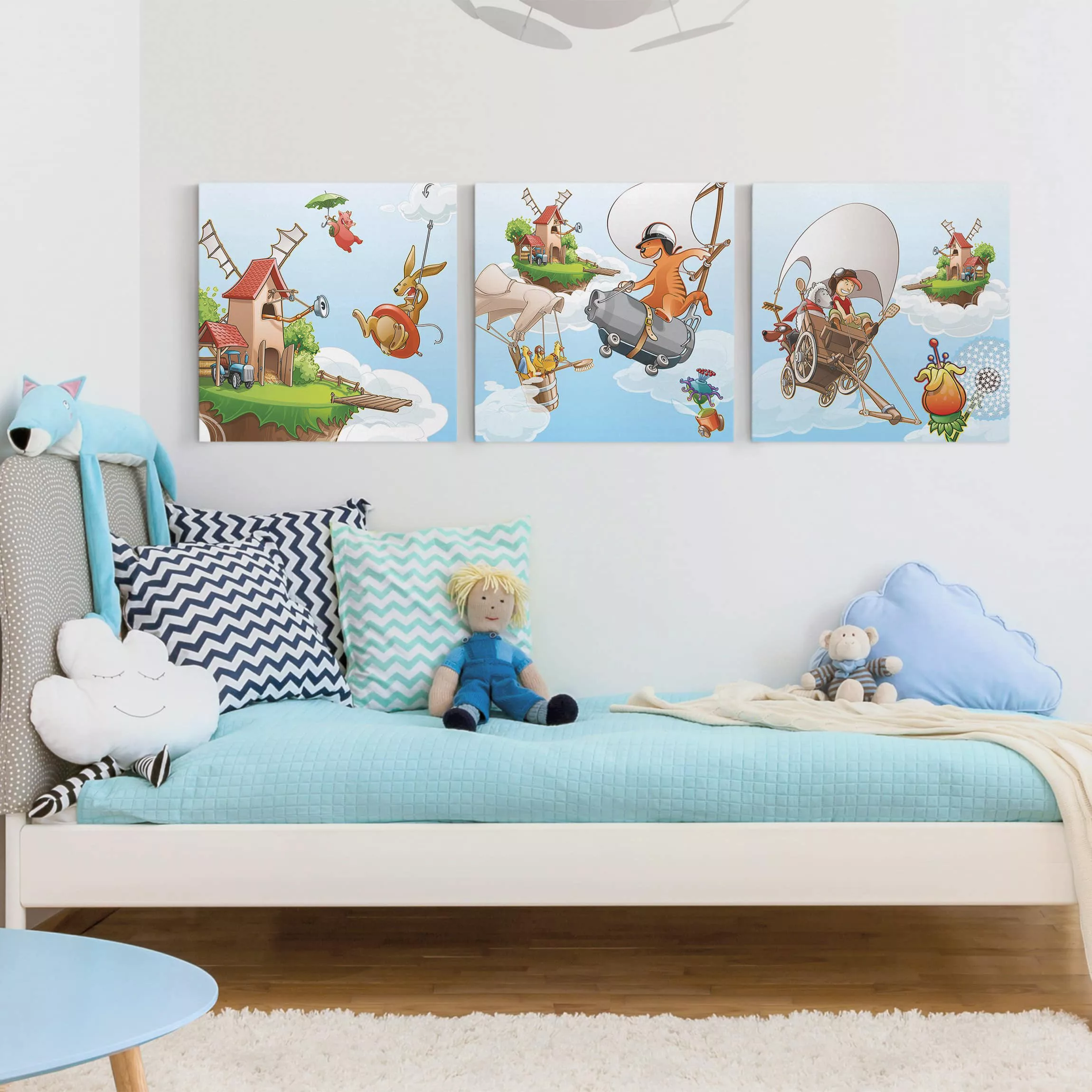 3-teiliges Leinwandbild Kinderzimmer - Quadrat Fliegender Bauernhof günstig online kaufen