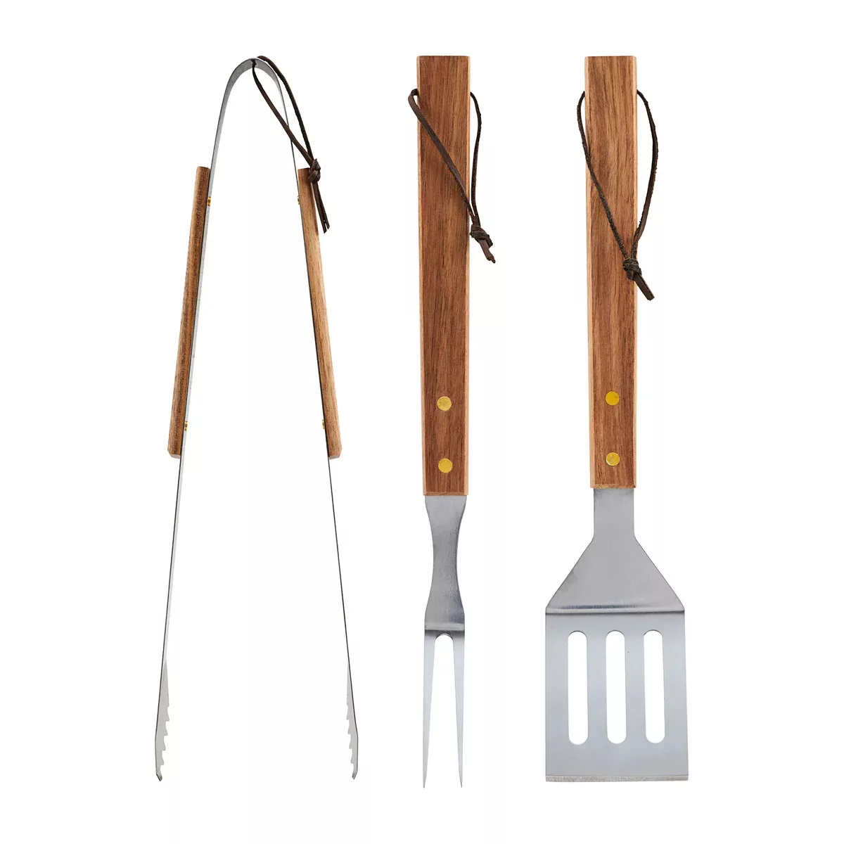 3er Set BBQ Grillwerkzeug aus Stahl und Holz in Braun günstig online kaufen