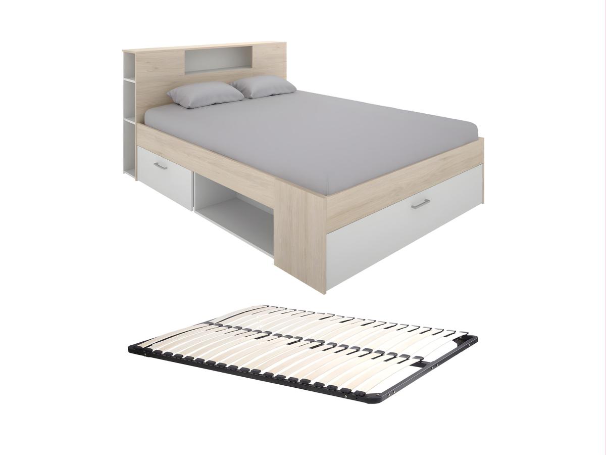 Bett mit Kopfteil, Stauraum & Schubladen + Lattenrost - 140 x 190 cm - Weiß günstig online kaufen