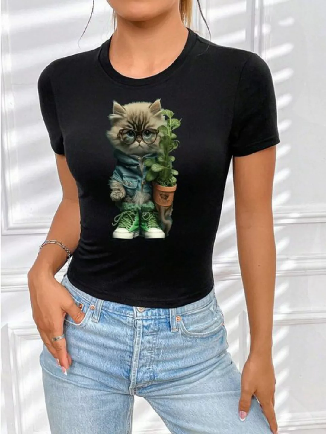 RMK T-Shirt Damen Shirt Top kurzarm Freizeit Rundhals Blume Garten "Cat Kat günstig online kaufen