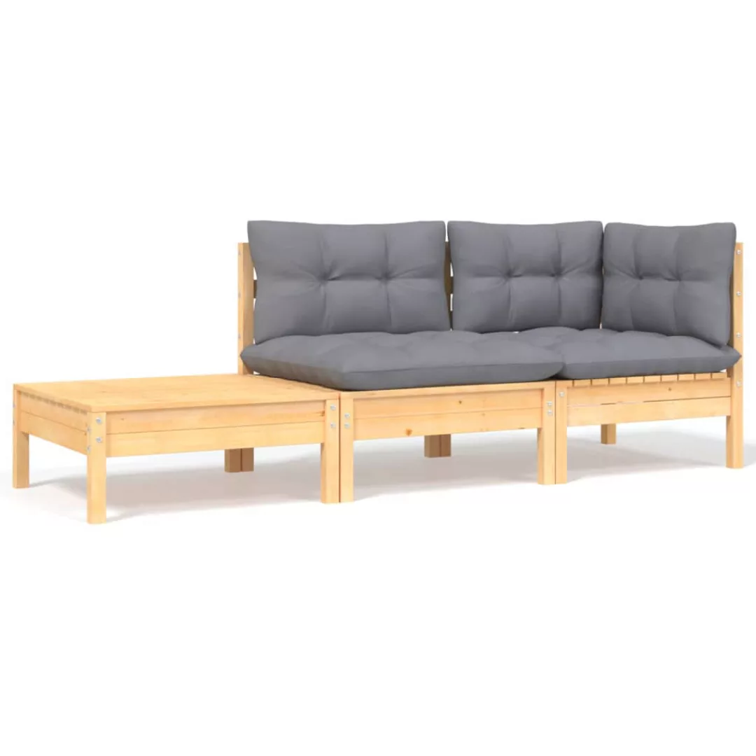 3-tlg. Garten-lounge-set Mit Grauen Kissen Kiefer Massivholz günstig online kaufen