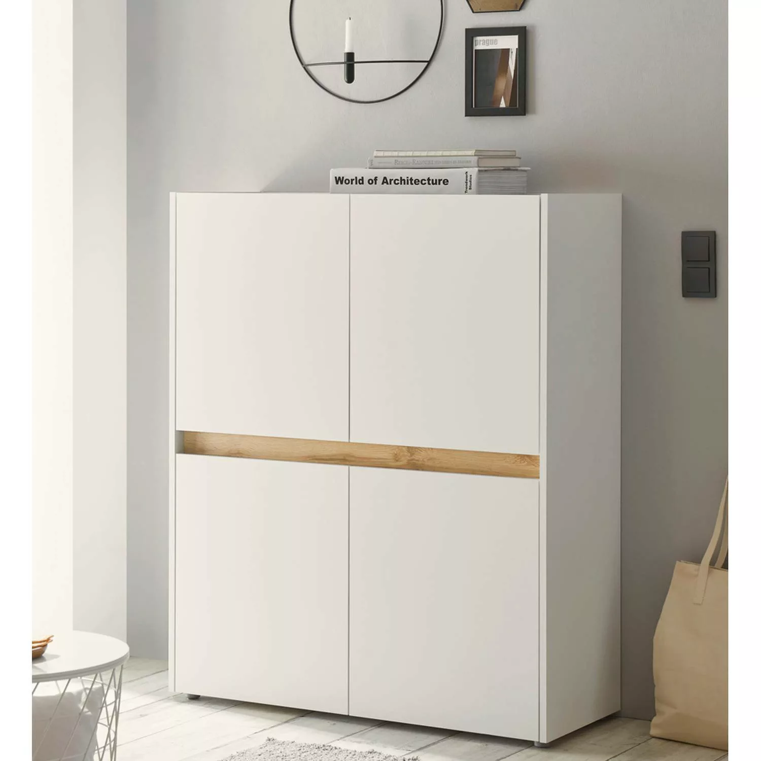 Wohnzimmer Highboard CRISP-61 in weiß mit Absetzungen in Wotan Eiche Nb., B günstig online kaufen